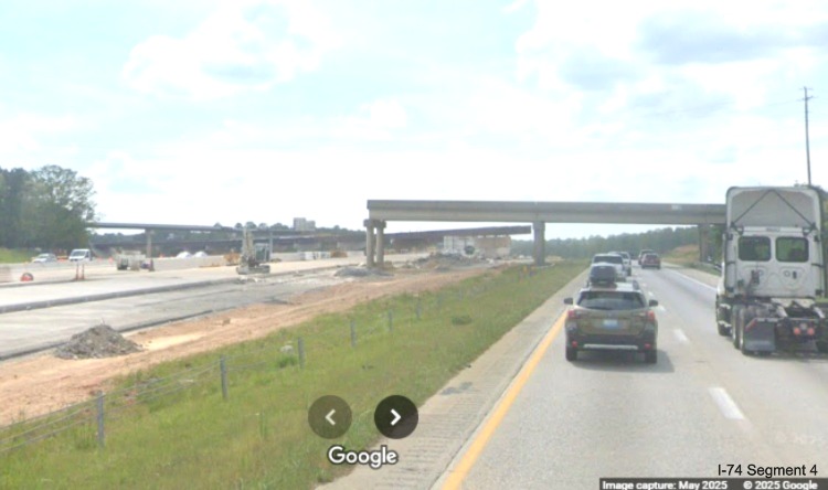 Image of approaching the future flyover ramps to the I-74/Winston-Salem Northern 
	  Beltway interchange on I-40 West, Google Maps Street View, May 2025