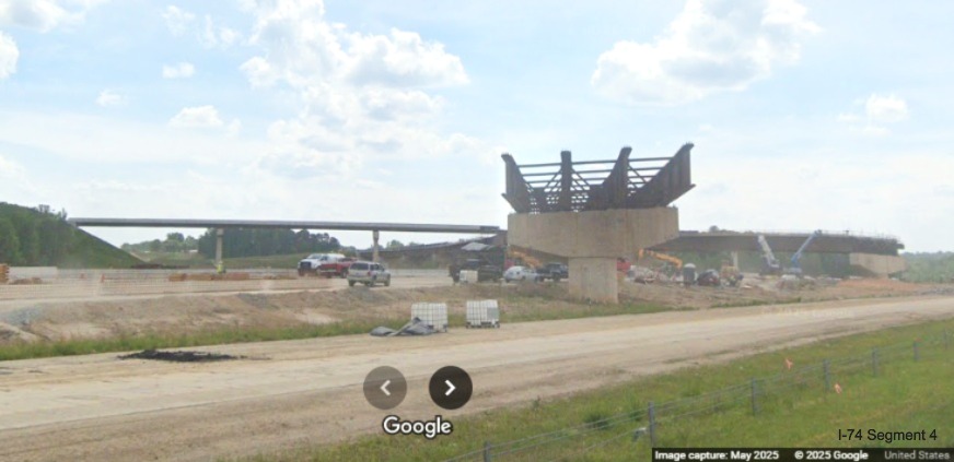 Image looking at future flyover ramps to the I-74/Winston-Salem Northern 
	  from I-40 West, Google Maps Street View, May 2025