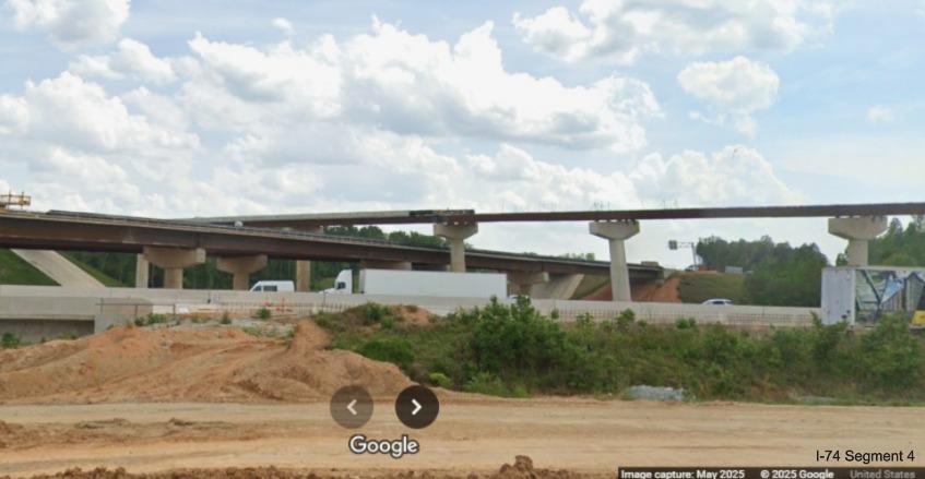 Image of I-40 West bridge and the future flyover ramps under construction for
	  the I-74/Winston-Salem Northern Beltway interchange, Google Maps Street View, May 2025