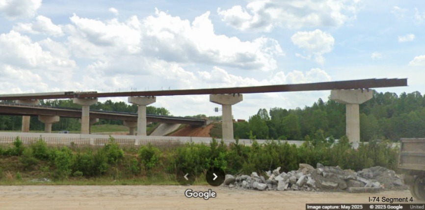 Image of partially complete future flyover ramp to I-40 West from the I-74/
	  Winston-Salem Northern Beltway, Google Maps Street View, May 2025