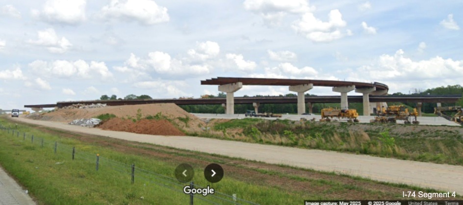 Image of the future flyover ramps from the I-74/Winston-Salem Northern 
	  Beltway interchange on I-40 West, Google Maps Street View, May 2025