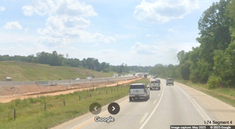 Image of looking at median construction at the western end of the I-74/Winston-Salem 
	  Northern Beltway interchange work zone on I-40 West, Google Maps Street View, May 2025