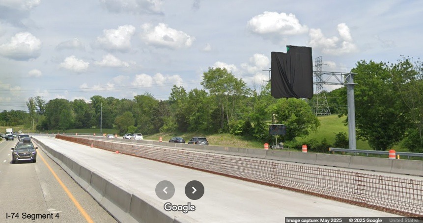 Image of looking back at median and roadbed construction at the western end of the 
	  I-74/Winston-Salem Northern Beltway interchange work zone on I-40 West, Google Maps Street View, May 2025