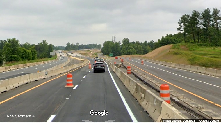 Image of new US 52 North roadway approaching the 
        future I-74 East/Winston-Salem Northern Beltway interchange ramp, Google Maps Street View, June 2023