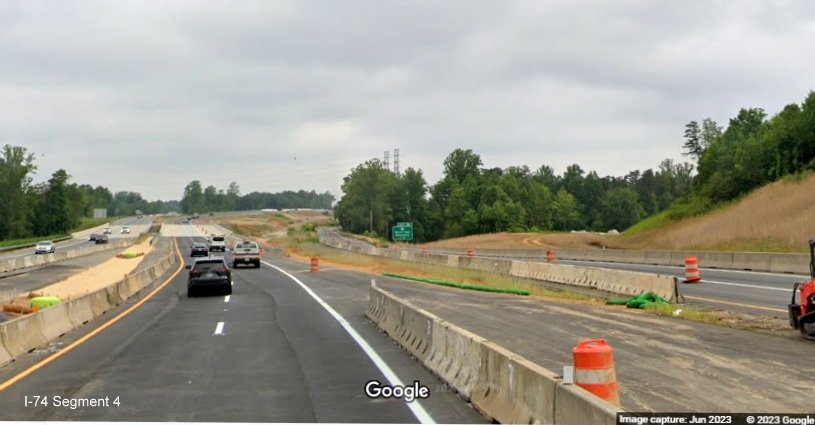 Image of future ramp to I-74 East/Winston-Salem Northern Beltway from US 52 (Future I-285) North, Google Maps Street View, June 2023