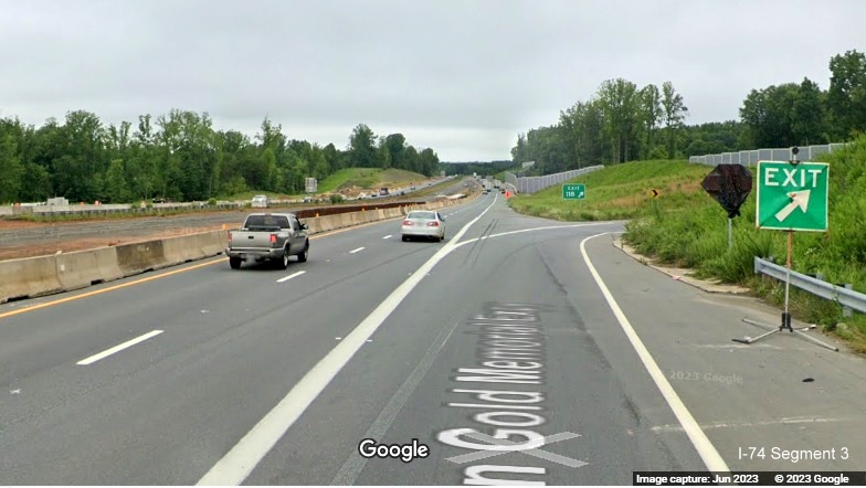 Image of traffic using ramp to NC 65 on US 52 North under construction as part of 
       Winston-Salem Northern Beltway interchange project, Google Maps Street View, June 2023