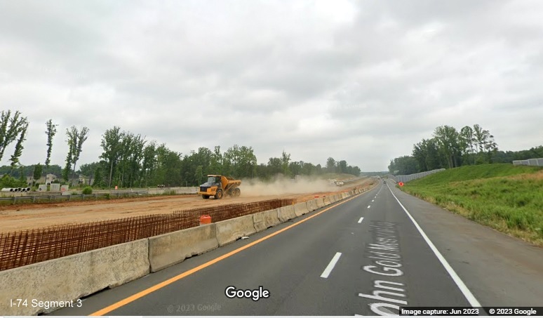 Image of US 52 North lanes under construction after NC 65 interchange as part of 
       Winston-Salem Northern Beltway interchange project, Google Maps Street View, June 2023