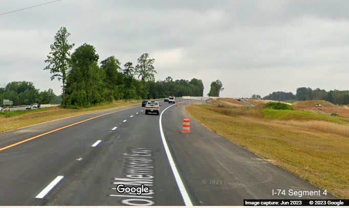 Image of new US 52 North roadway prior to new bridge over future Beltway roadway as part of the 
        future Winston-Salem Northern Beltway interchange, Google Maps Street View, June 2023