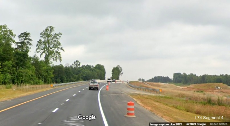 Image of new US 52 North roadway prior to future exit ramp from I-274, part of the 
        future Winston-Salem Northern Beltway interchange, Google Maps Street View, June 2023