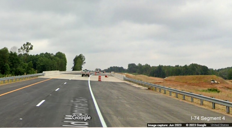 Image of new US 52 North lanes crossing bridge over future Beltway as part of  
        future Winston-Salem Northern Beltway interchange project, Google Maps Street View, June 2023