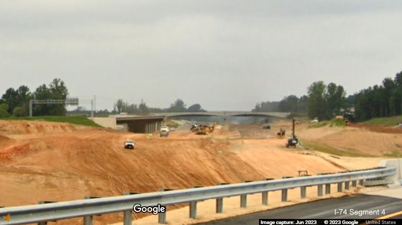 Image from new US 52 North roadway of future I-74 lanes being built as part of the 
        future Winston-Salem Northern Beltway interchange, Google Maps Street View, June 2023