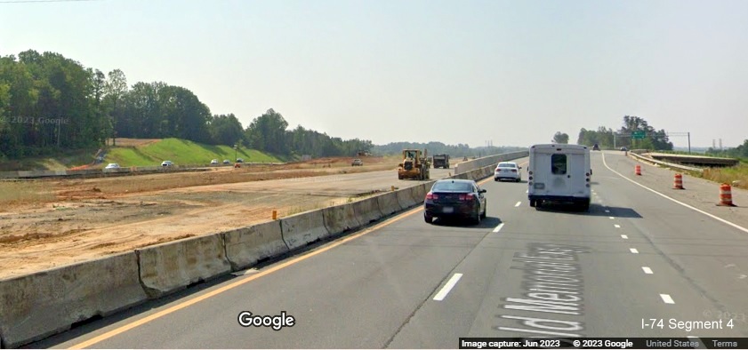 Image of future I-74 East lanes traveling towards Beltway along US 52 South in Rural Hall, 
        Google Maps Street View, June 2023