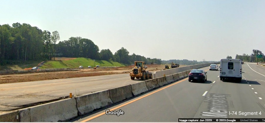 Image of future I-74 East lanes traveling towards Beltway splitting from US 52 South lanes in Rural Hall, 
        Google Maps Street View, June 2023