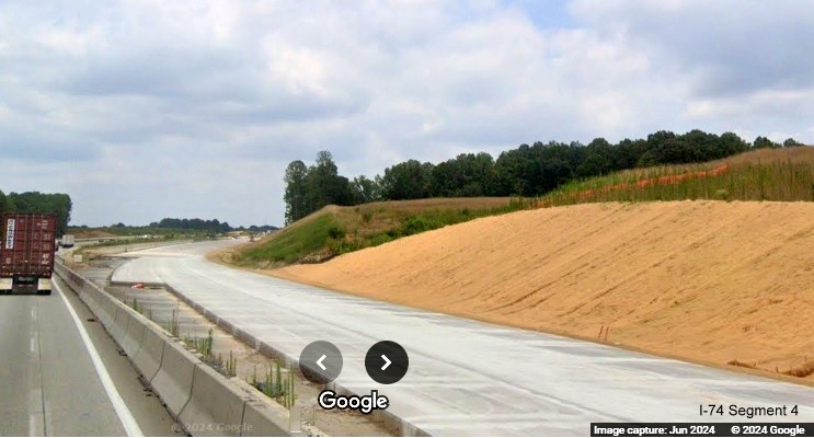 Image of landscaping along I-40 East after off-ramp to future I-74/Winston-Salem 
        Northern Beltway off-ramp, Google Maps Street View, June 2024