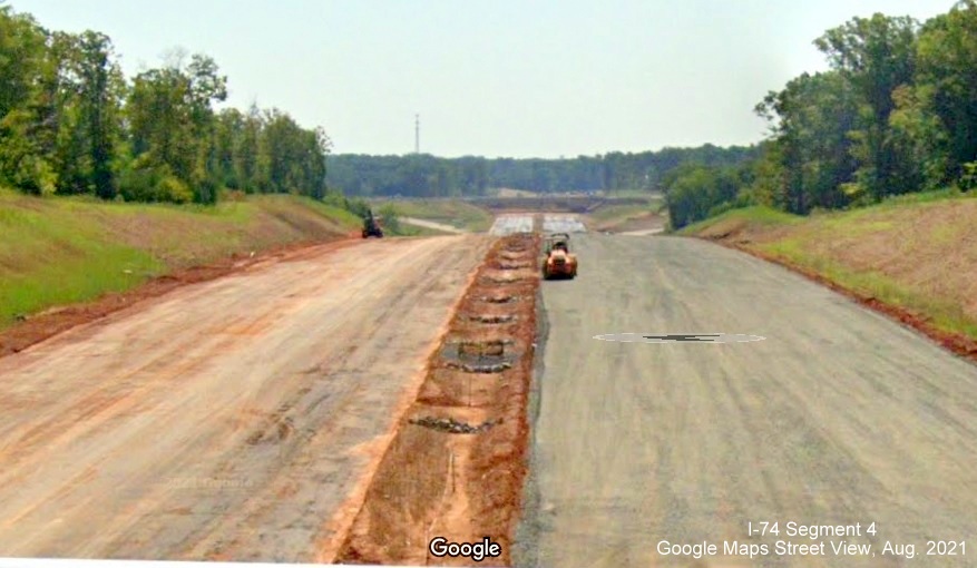 Image looking east from the Stanleyville Drive bridge toward NC 8 along the future NC 74/Winston-Salem Northern Beltway, Google Maps Street View image, August 2021
