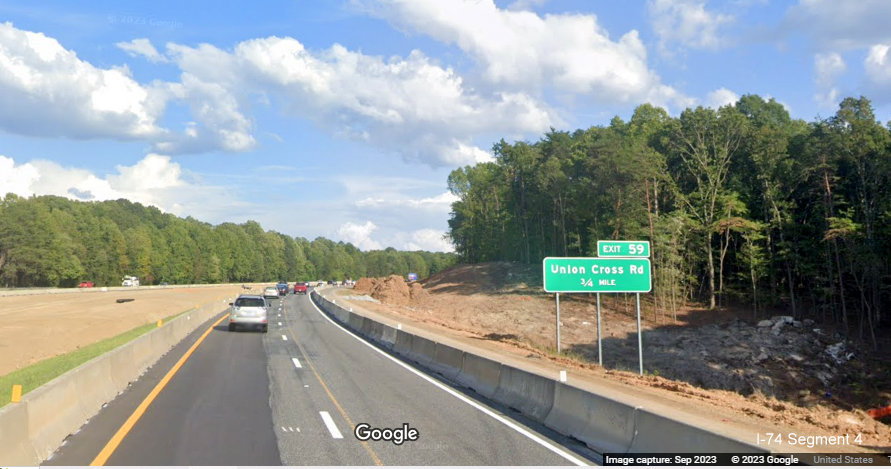 View of excavation along I-74 East lanes in Winston-Salem Northern Beltway 
       interchange work zone, Google Maps Street View, September 2023