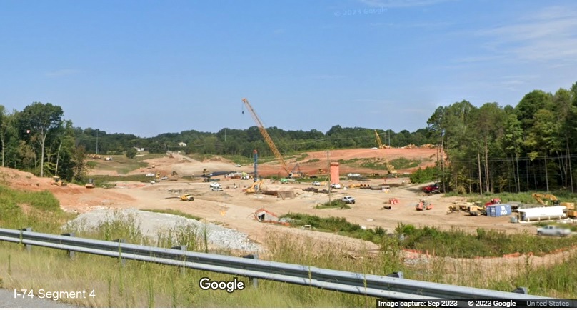 Image of clearing at site of future interchange between current I-74 and the Winston-Salem 
        Northern Beltway, Google Maps Street View, September 2023