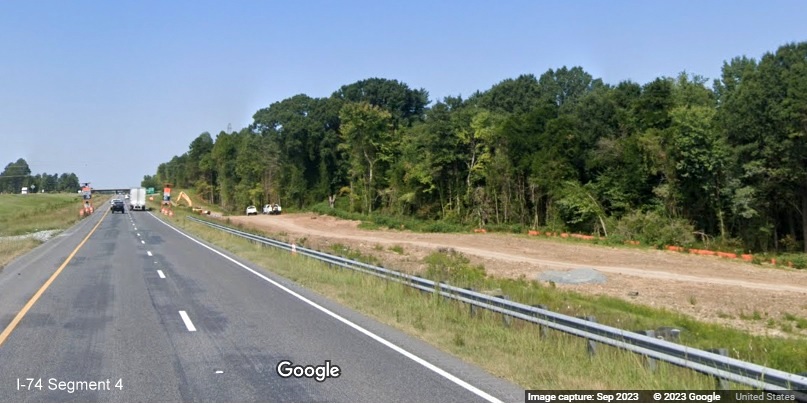 Image of construction at future on-ramp to I-74 West from the Winston-Salem 
        Northern Beltway, Google Maps Street View, September 2023