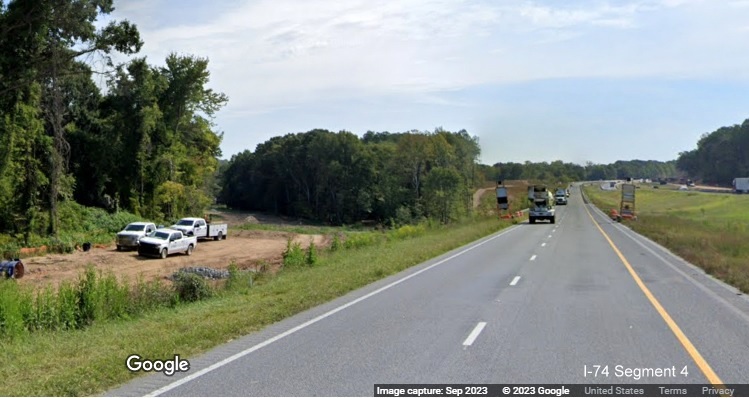 Image looking back along I-74 West towards future ramp from the Winston-Salem 
        Northern Beltway, Google Maps Street View, September 2023