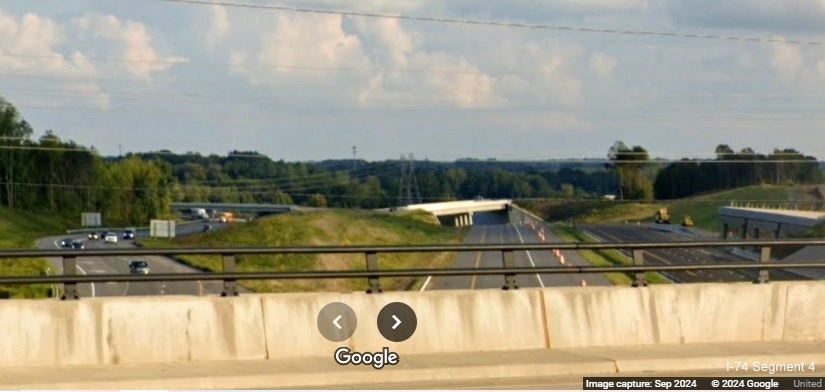 Image of NC 52 traffic from the NC 65 bridge looking South in 
      Winston-Salem Northern Beltway construction zone, Google Maps Street View, September 2024