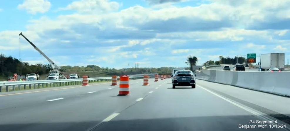 Image of the new alignment of NC 74 (Future I-74) Winston-Salem Beltway 
        at the NC 65 bridge, screen grab from Benjamin Wolf video, October 2024