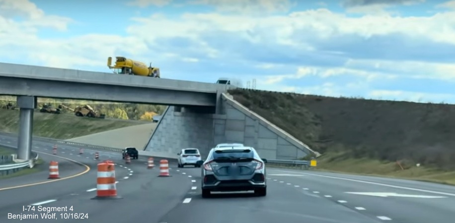 Image approaching the future ramp to US 52 South on the new NC 74 (Future I-74) 
        Winston-Salem Beltway lanes, screen grab from Benjamin Wolf video, October 2024