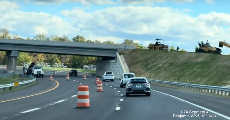 Image of approaching still under construction bridge that will carry the western
        Beltway section over the new NC 74 (Future I-74) East Winston-Salem Beltway lanes, screen grab from Benjamin Wolf video, October 2024