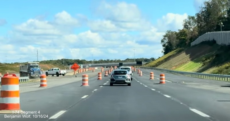 Image of the median work along the former cross over to the NC 74 (Future I-74) 
        Winston-Salem Beltway lanes, screen grab from Benjamin Wolf video, October 2024