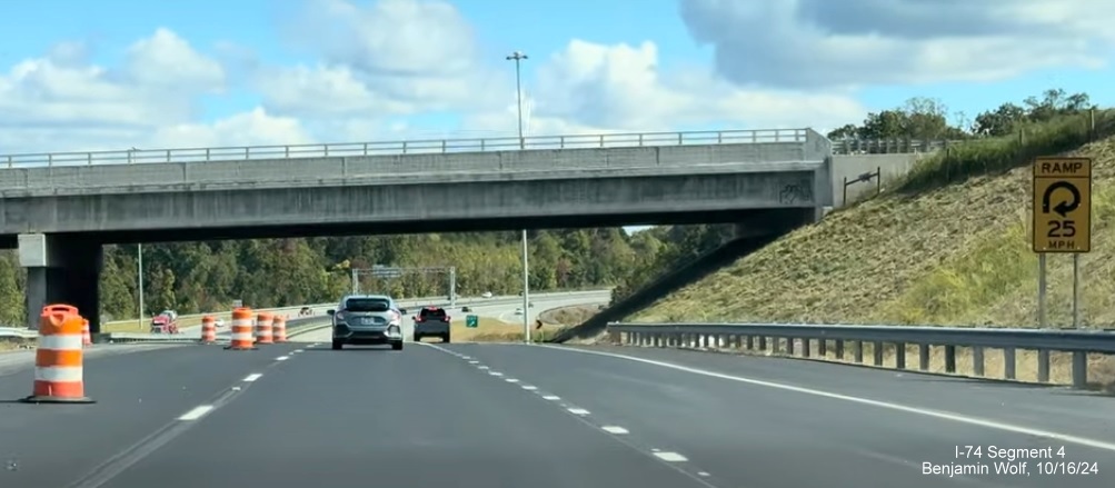 Image of approaching the exit ramp to NC 65/University Parkway on NC 74 (Future I-74) 
        Winston-Salem Beltway, screen grab from Benjamin Wolf video, October 2024