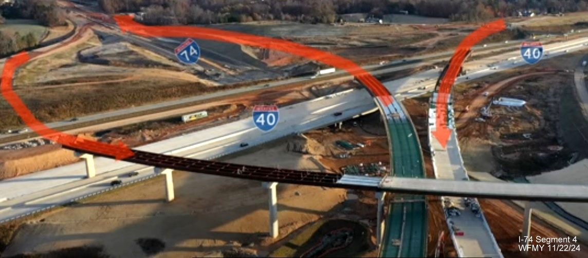 Image of overhead view of flyover ramp construction as part of I-40/I-74 Winston-Salem Northern 
        Beltway interchange construction, screen grab from WFMY News story, November 2024