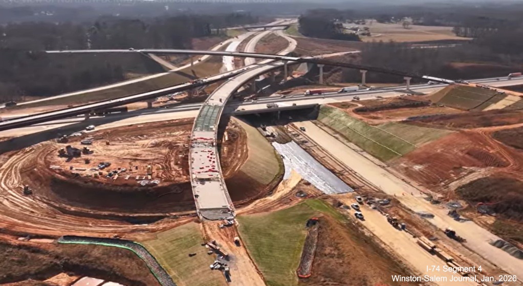 Image over Beltway flyover ramps under construction at I-40 as part of the I-74
Winston-Salem Northern Beltway interchange project, screen grab from Winston-Salem Journal video, January 2026