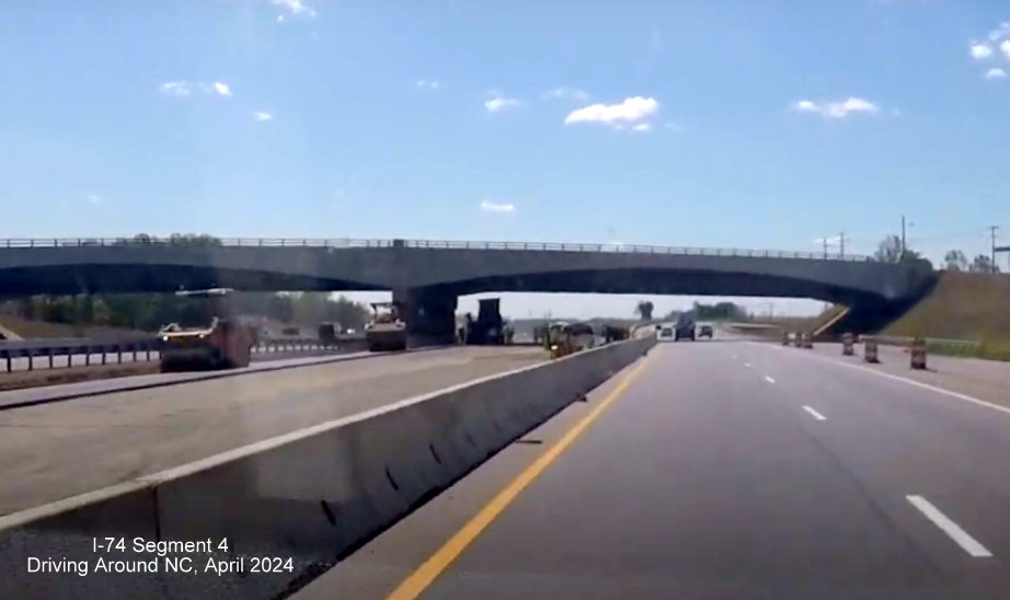 Image approaching NC 65 bridge on US 52 South after split of ramps for NC 74 (Future I-74) East, 
        currently using Future I-74 West lanes, screen grab from Driving Around NC, April 2024