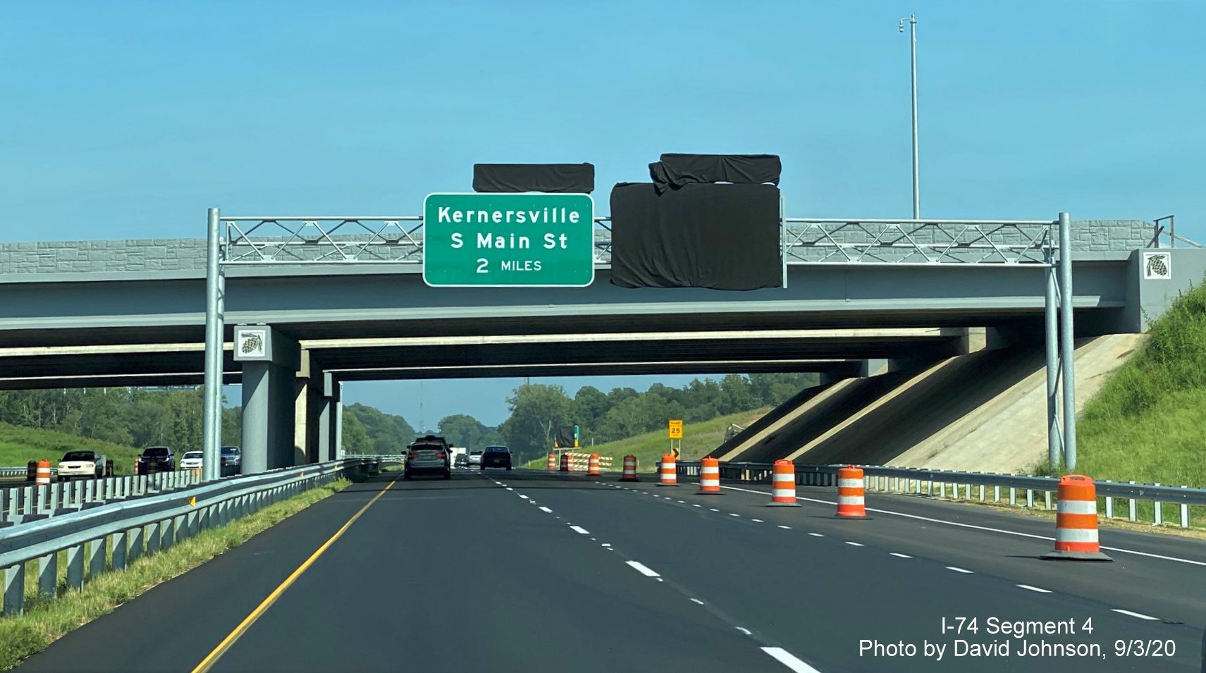 Image of overhead signage covered over prior to opening of ramp to US 421 South Salem Parkway to NC 74 East Winston Salem Northern Beltway, by David Johnson September 2020