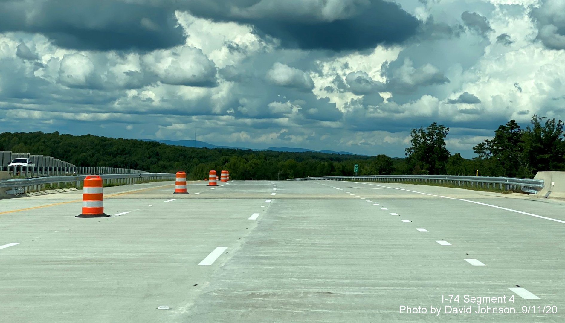 Image of view of distant mountains from newly opened NC 74 (Future I-74) West lanes of Winston Salem Northern Beltway, by David Johnson September 2020