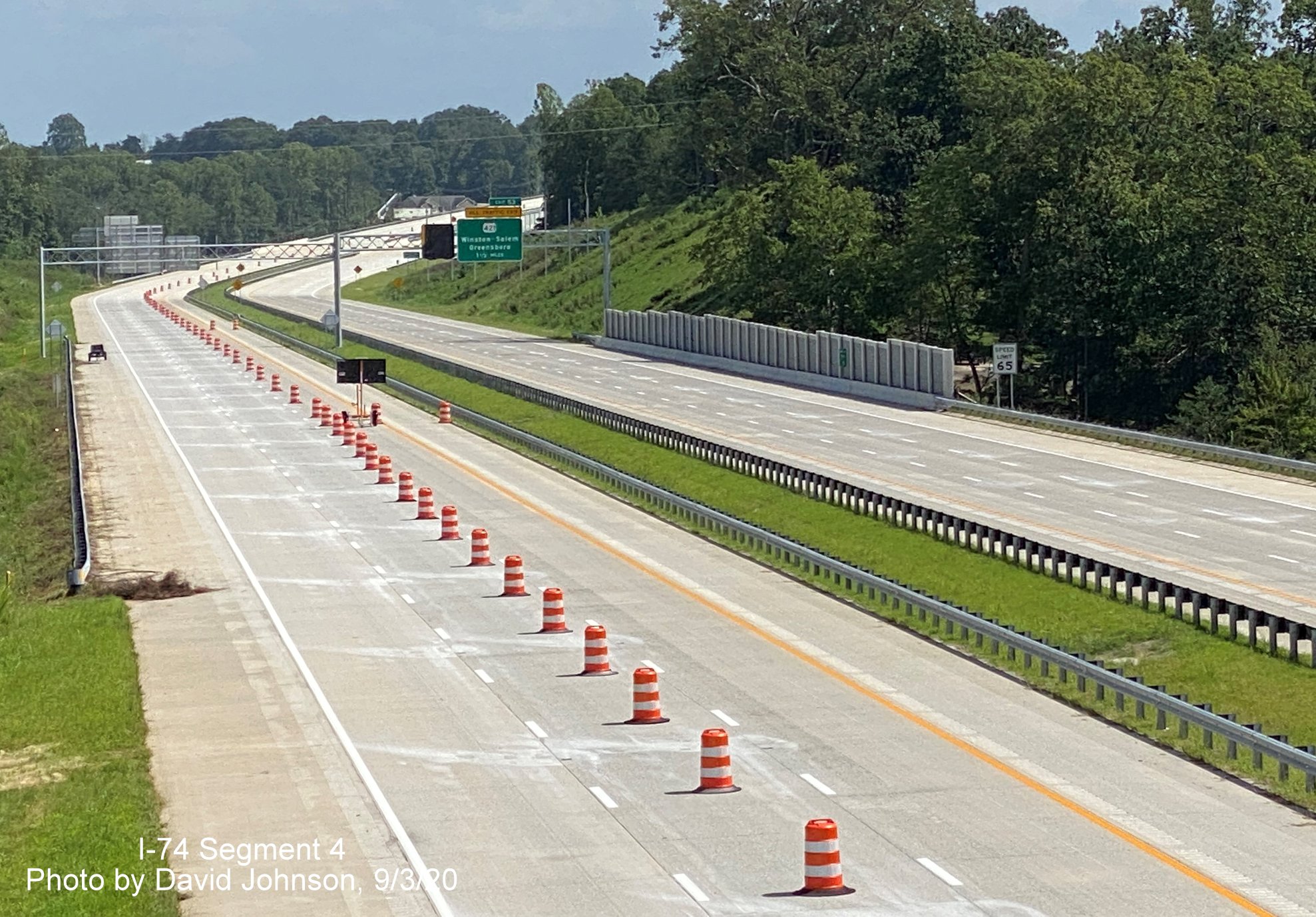 Image looking west along soon to be opened section of NC 74 Winston Salem Northern Beltway toward 
        US 421/Salem Parkway, by David Johnson September 2020
