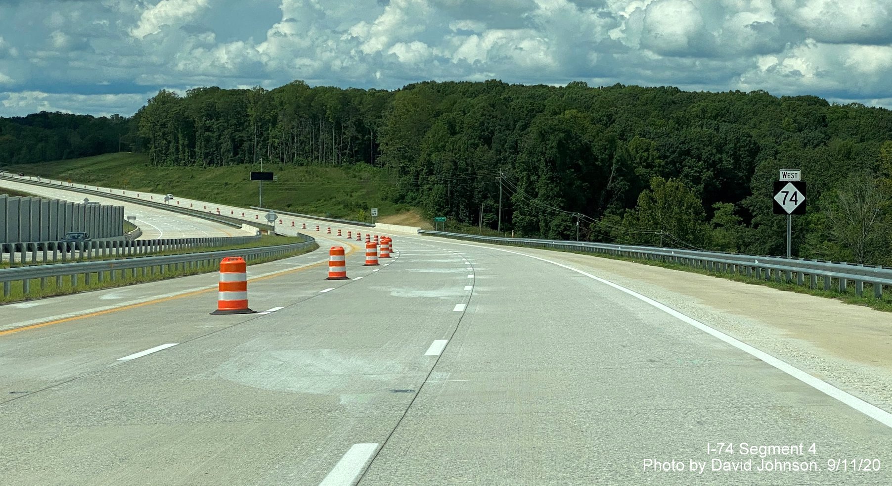 Image of only West NC 74 reassurance marker on newly opened section of Winston-Salem Northern Beltway, by David Johnson September 2020