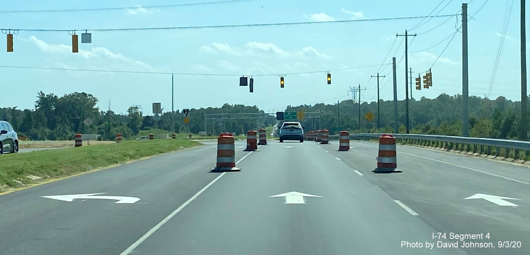 Image of newly installed traffic signals along US 158 at soon to open interchange with NC 74 Winston
        Salem Northern Beltway, by David Johnson September 2020