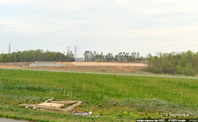 Image of construction progress of future I-74 West ramp to US 52 North from Northern Beltway, 
        Google Maps Street View image, April 2023