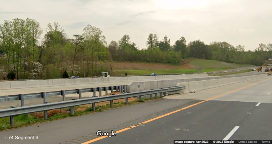 Image of future US 52 North bridge near completion in Northern Beltway interchange construction zone, 
        Google Maps Street View image, April 2023