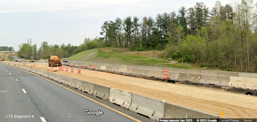 Image of US 52 South lanes passing by nearly demolished Ziglar Road bridge at start of Northern 
        Beltway interchange work zone, Google Maps Street View image, April 2023