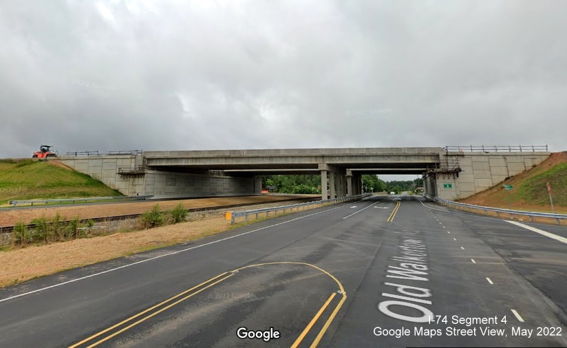 Image of Old Walkertown Road bridge for future I-74/Winston-Salem Northern Beltway from Dippen
        Road intersection, Google Maps Street View, May 2022