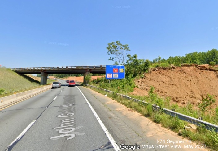 Image of old NC 66 ramp bridge partially demolished in future Winston Salem 
        Northern Beltway interchange construction zone, Google Maps Street View, May 2022