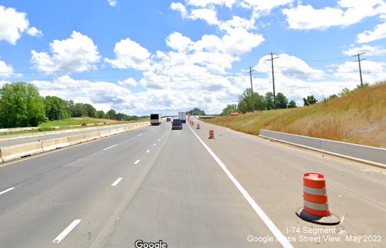 Image of new US 52 South lanes after new interchange with NC 65, Google Maps Street View, May 2022