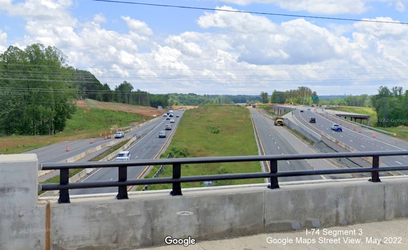 Image of view toward future I-74/Winston-Salem Northern Beltway interchange from new NC
        65 bridge over US 52 in Rural Hall, Google Maps Street View, May 2022