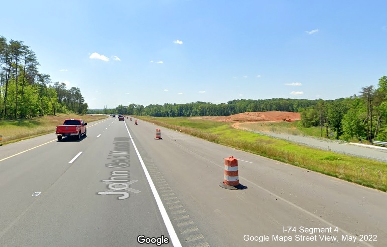 Image of new US 52 South (Future I-285 South) lanes after I-74 East/Beltway off-ramp, Google Maps 
        Street View image, May 2022