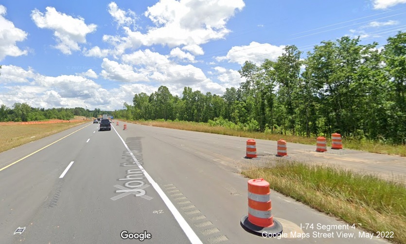Image of new US 52 South (Future I-285 South) lanes at future Winston-Salem Northern Beltway on-ramp, Google Maps 
        Street View image, May 2022