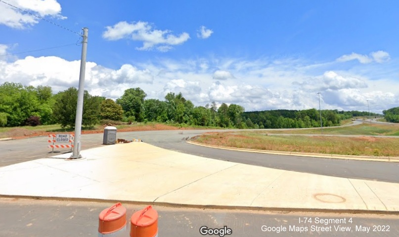 Image of completed ramp from NC 66/University Parkway from future I-74 West/Winston-Salem Northern 
       Beltway, Google Maps Street View, May 2022