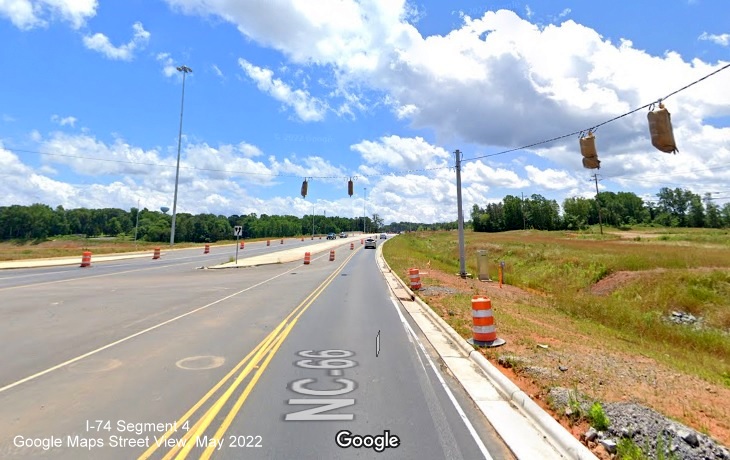 Image of installed traffic signals on NC 66/University Parkway at future I-74 West/Winston-Salem Northern 
       Beltway ramps, Google Maps Street View, May 2022