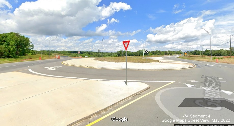 Image of completed southern roundabout on NC 8/Germanton Road at future I-74 East/Winston-Salem 
        Northern Beltway ramps, Google Maps Street View, May 2022