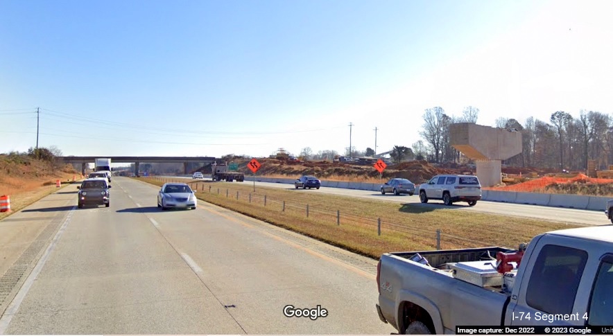 Image of bridge support under construction as seen from I-40 West for future interchange with I-74/Winston-Salem 
       Northern Beltway in Forsyth County, Google Maps Street View, December 2022